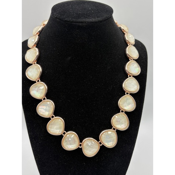 Iridescent Opaline Glass Statement Bib Necklace‎ Gold Tone Bezel Set Adjustable - Picture 2 of 6